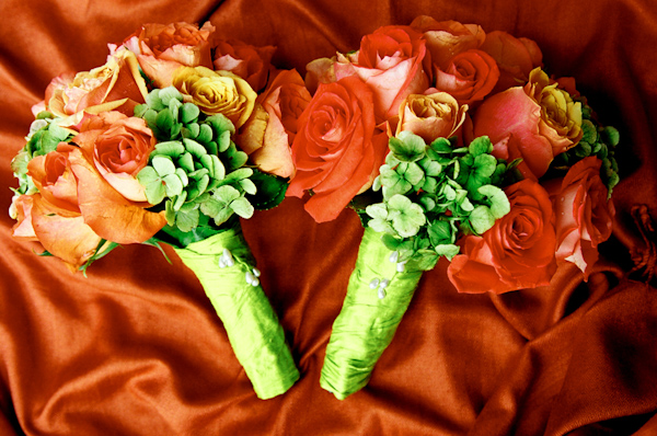 orange rose and green hydrangea wedding bouquet photo by Yvette Roman Photography
